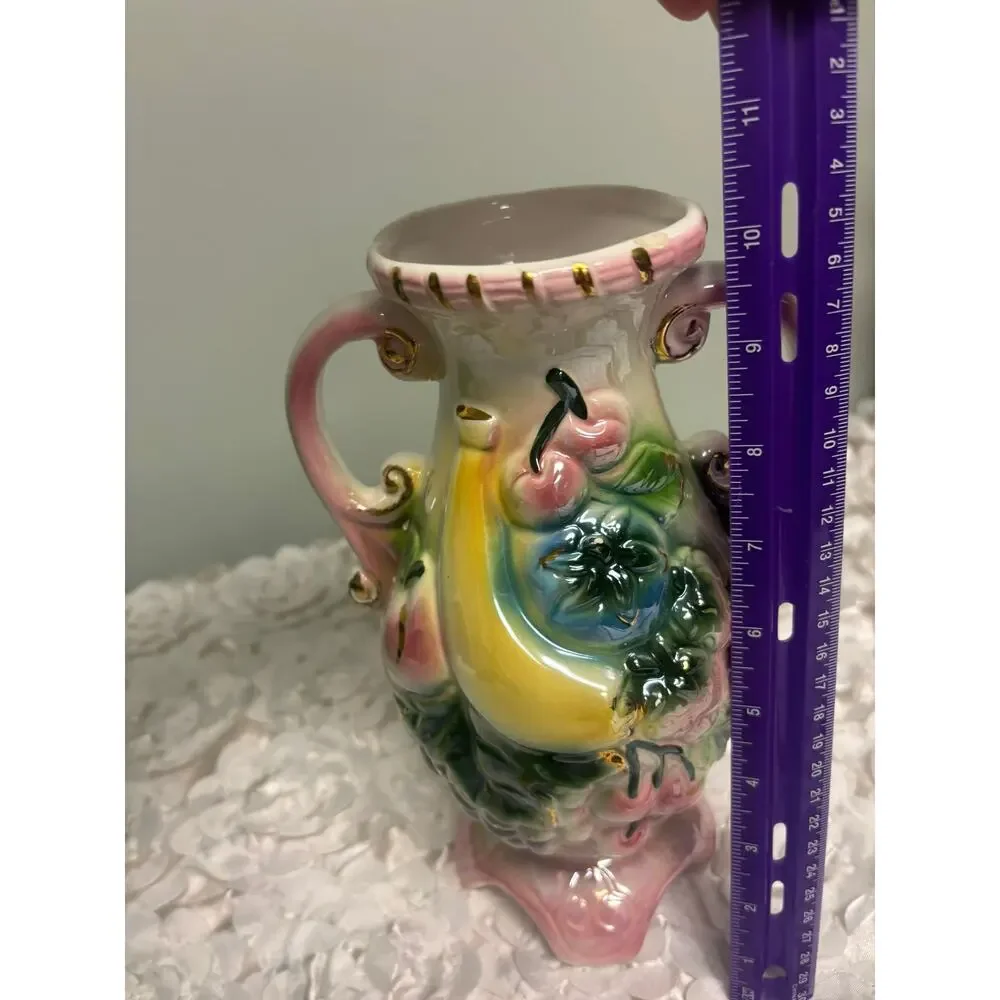 Vintage Majolica Lusterware Fruit Vase Double Handled Iridescent Ceramic 10